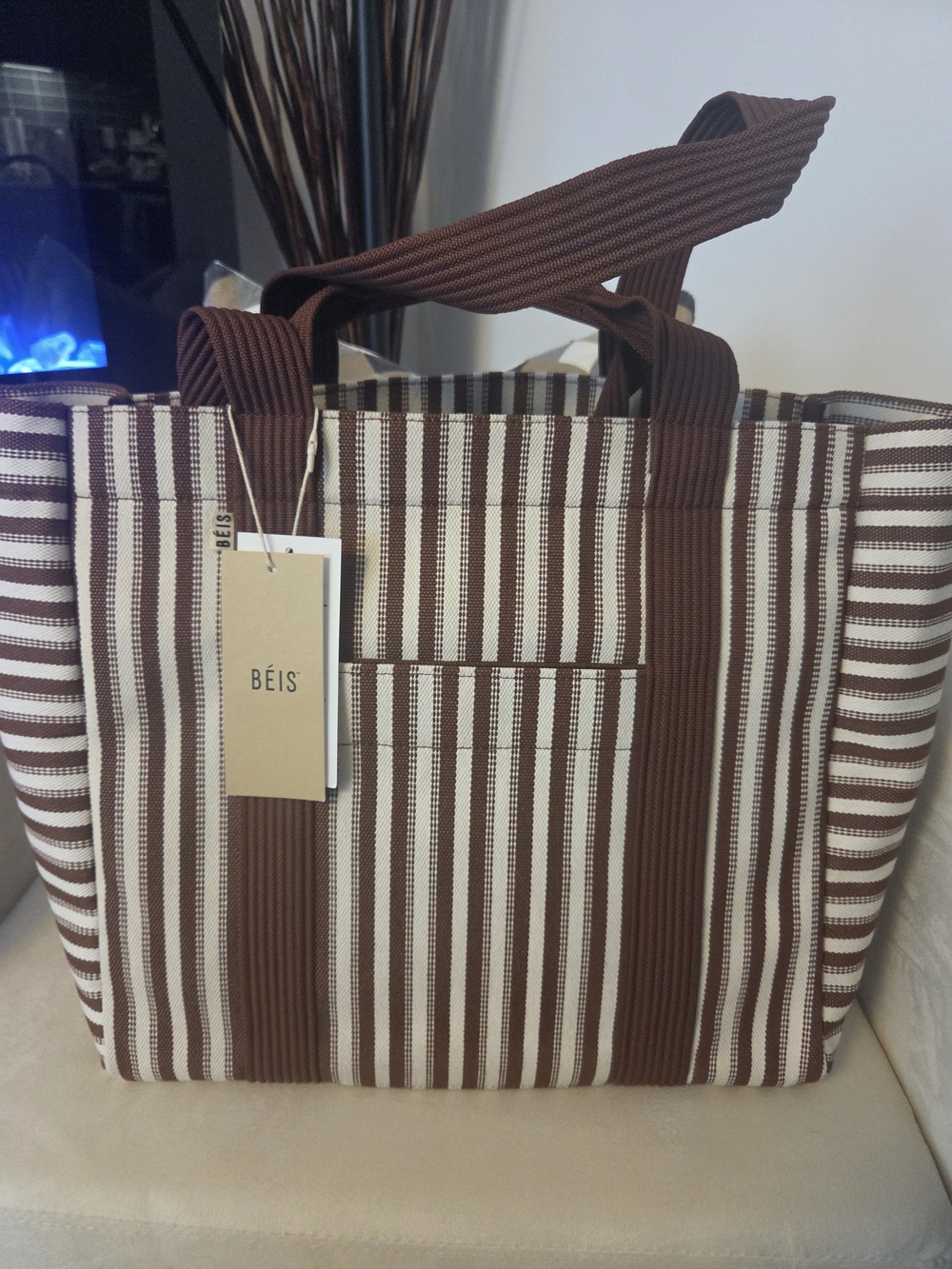 BEIS Striped Tote in Brown and White Canvas
